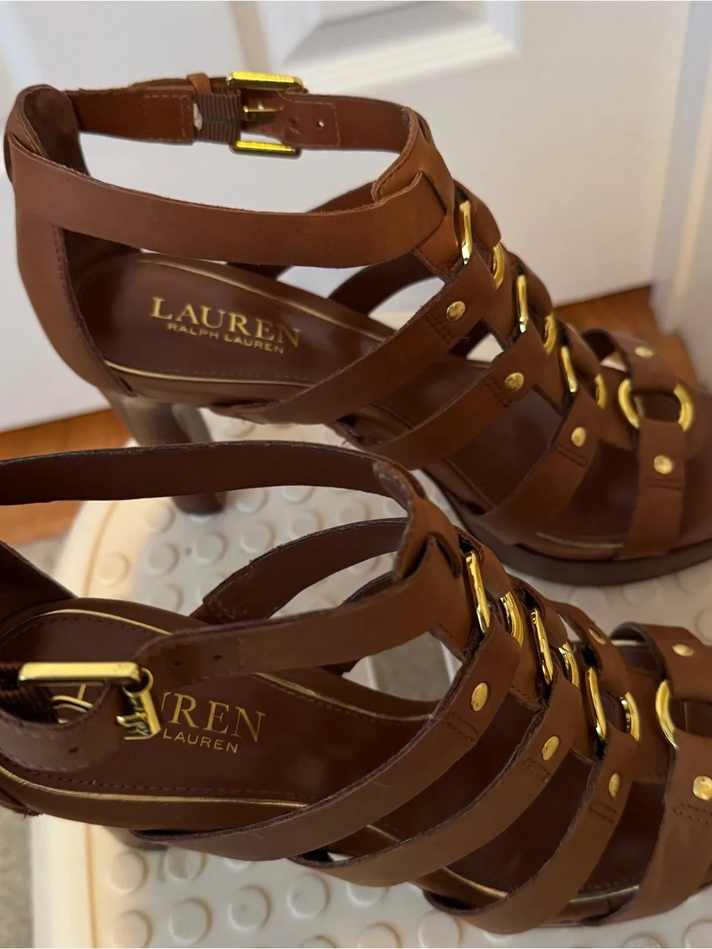 Lauren Ralph Lauren Brown Leather Multi-Strap Gladiator Heels with Gold Rings.